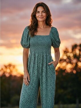 Smocked Maxi Romper in Teal with Black Spot Print